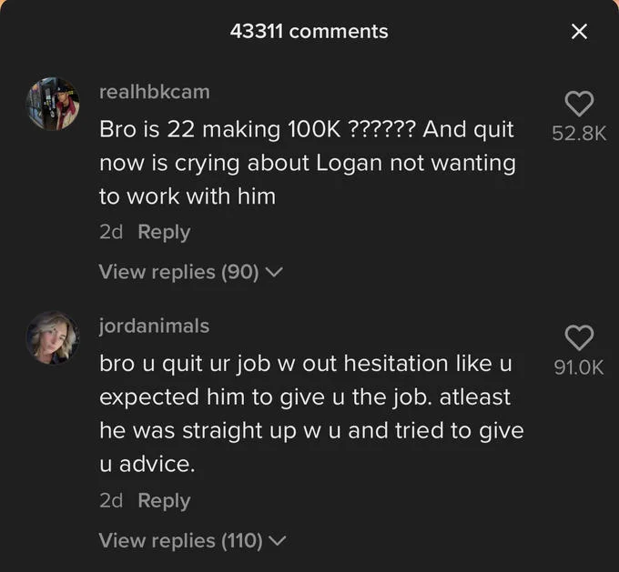 TikTok community reaction mocking the $100K job quit decision.