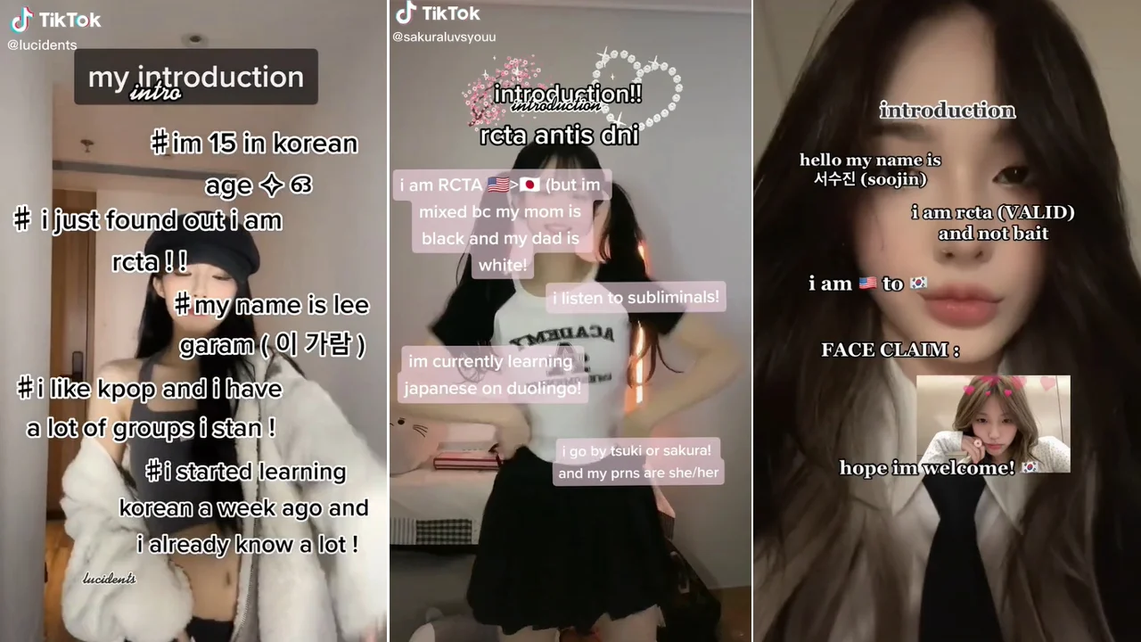 A cover collage of TikTok 'introduction' videos from members of the RCTA (Race Change to Another) community, who claim to change their race through subliminal audio.
