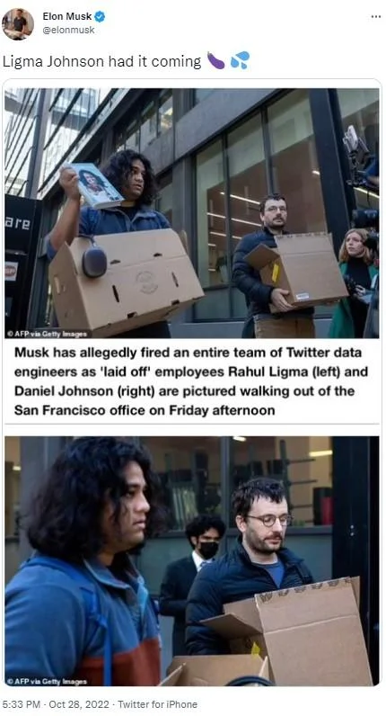 Elon Musk publicly acknowledged the prank on October 28, 2022 with a tweet reading 'Ligma Johnson had it coming,' referencing news reports naming the two pranksters as fired employees.