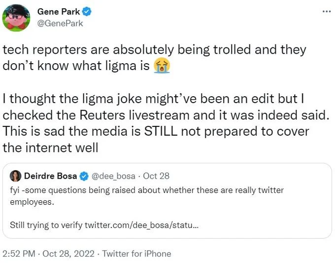 Tech journalist Gene Park called out mainstream media for falling for the ligma joke, noting the term had even been said on a Reuters livestream.