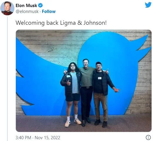 Musk played along with the prank by inviting Rahul and Daniel to Twitter headquarters, tweeting 'Welcoming back Ligma & Johnson!' on November 15, 2022.