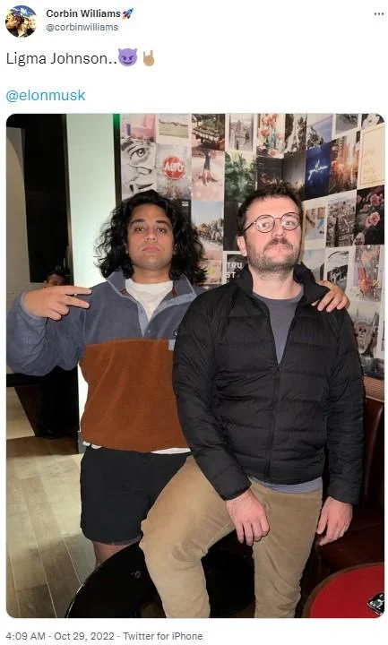 Pranksters Rahul and Daniel pose together after successfully fooling news outlets into reporting them as fired Twitter employees named Ligma Johnson.