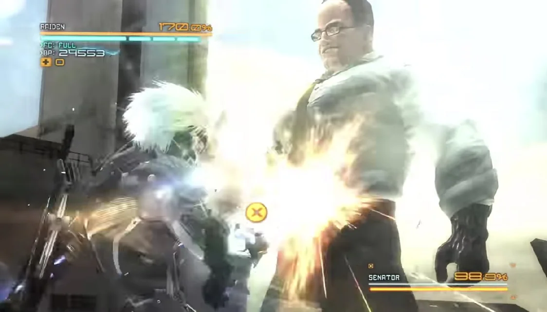 The iconic scene from Metal Gear Rising: Revengeance where Raiden delivers rapid punches to Senator Armstrong during the game's climactic final battle.