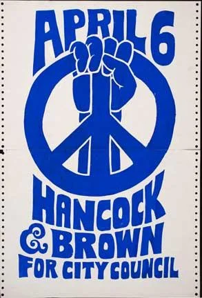 1960s-70s political campaign poster fusing anti-war and empowerment imagery.