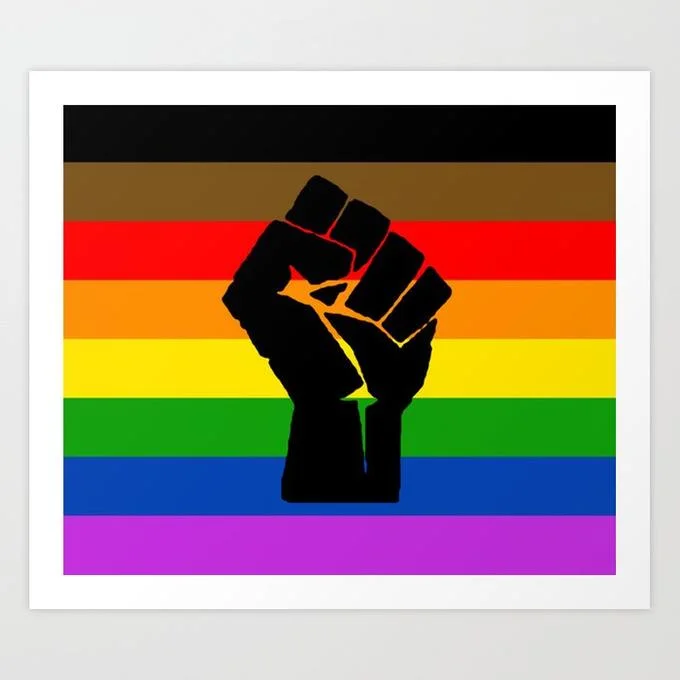 Intersectional solidarity design combining raised fist with inclusive Pride imagery.
