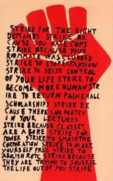 Activist protest poster using raised fist as unifying symbol for multiple grievances.