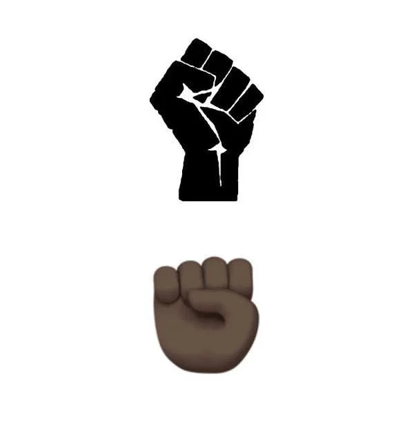 Comparison showing raised fist symbol's transition from graphic to emoji form.