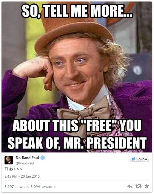 Rand Paul's January 2015 tweet using the Condescending Wonka meme in response to President Obama's State of the Union address.