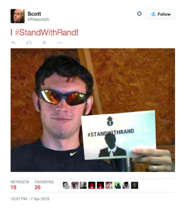 A supporter tweets the popular #StandWithRand hashtag, born from Rand Paul's 2013 filibuster and later reused during his 2016 presidential campaign.