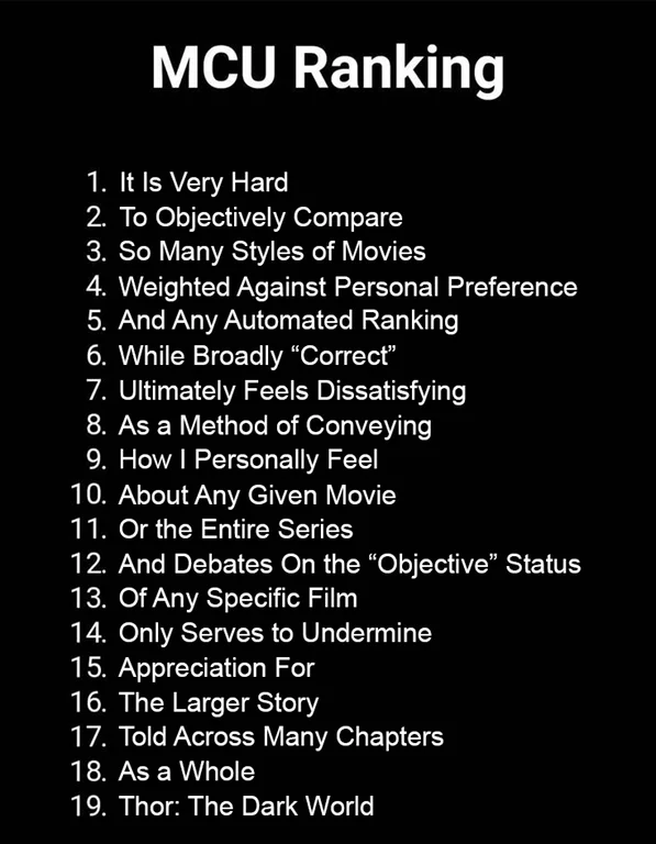 Ranked lists meme exemplifying core structure with MCU films.