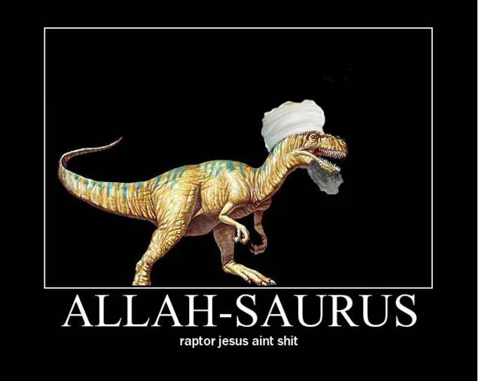 An 'Allah-saurus' spinoff poster jokingly one-upping Raptor Jesus, showing how the meme spawned related dino-deity variants.