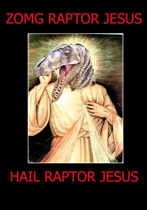 An early image macro venerating Raptor Jesus by pasting a raptor head onto a Divine Mercy portrait of Christ.