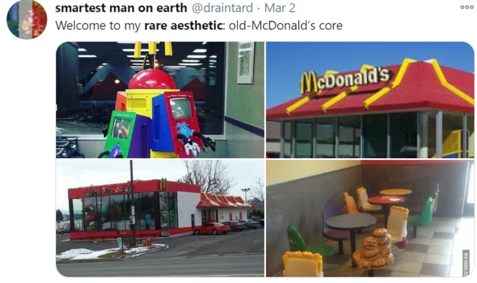 A tweet celebrating 'old-McDonald's core' as a rare aesthetic, showcasing the chain's retro architecture and playground design.