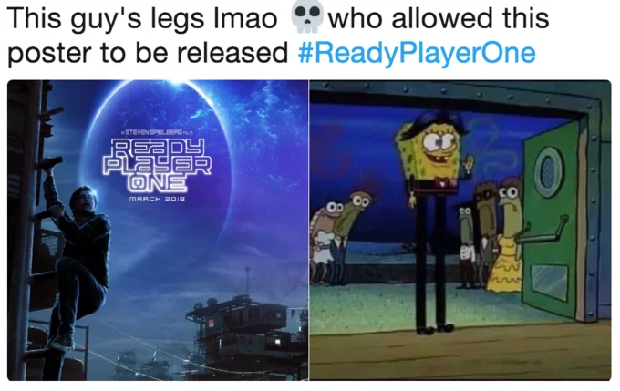 A photoshopped Ready Player One poster gag adding Portal-game rings to explain the character's oddly proportioned legs.