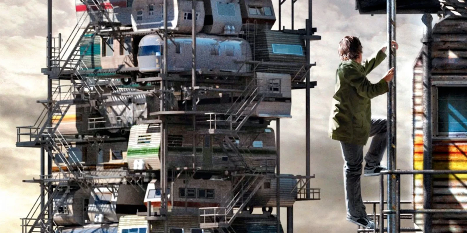 Promotional artwork from Steven Spielberg's 2018 adaptation of Ready Player One, depicting Wade Watts climbing the trailer-home 'Stacks' where he lives.