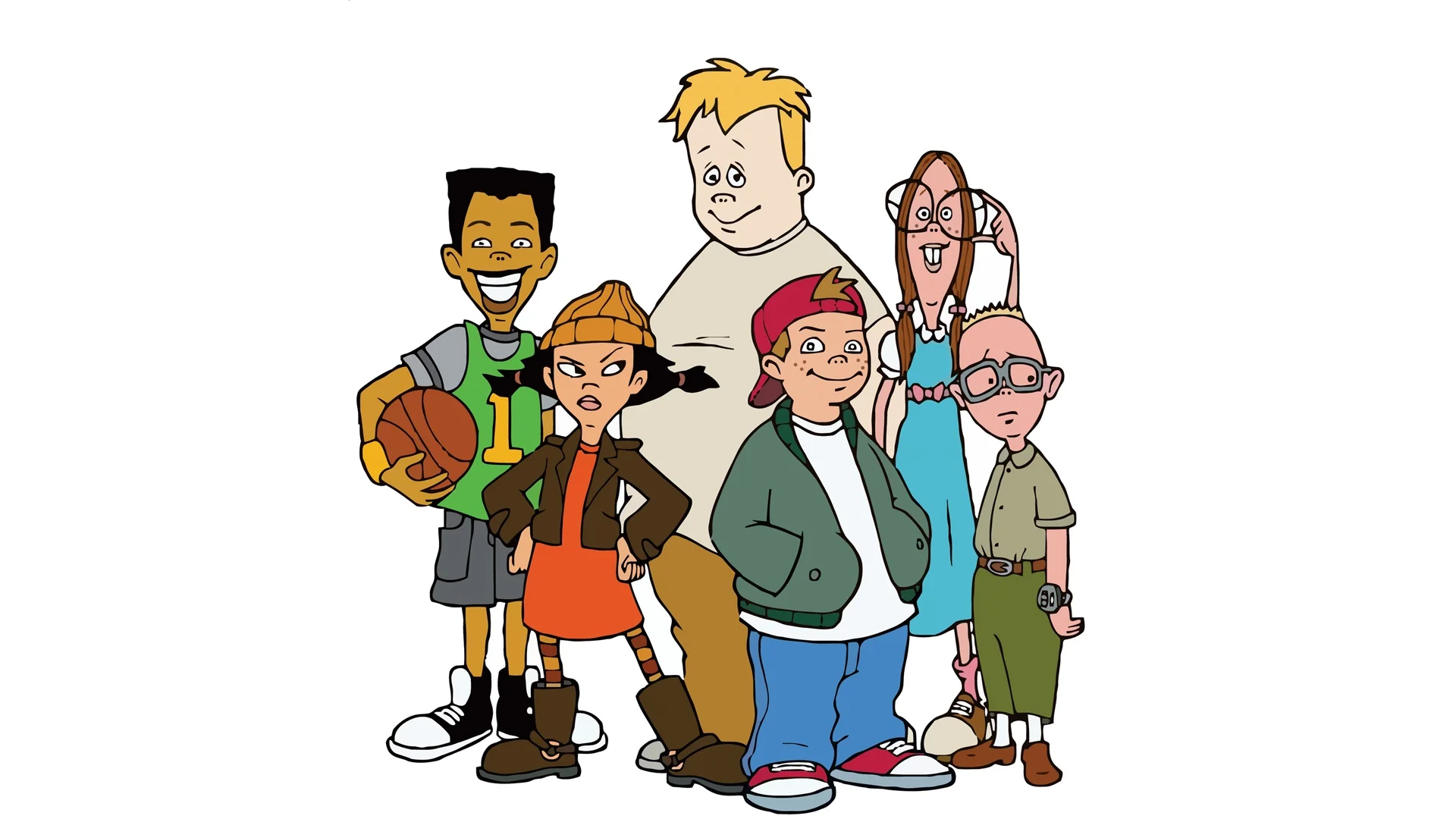 The main cast of Disney's animated series Recess (1997–2001), featuring T.J., Vince, Gretchen, Spinelli, Mikey, and Gus.