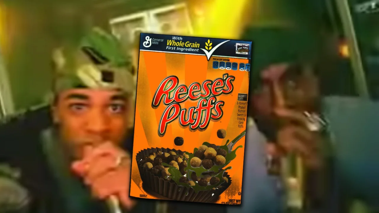Composite image referencing the iconic Reese's Puffs rap commercial, featuring the cereal box over a still of the rapper performing.