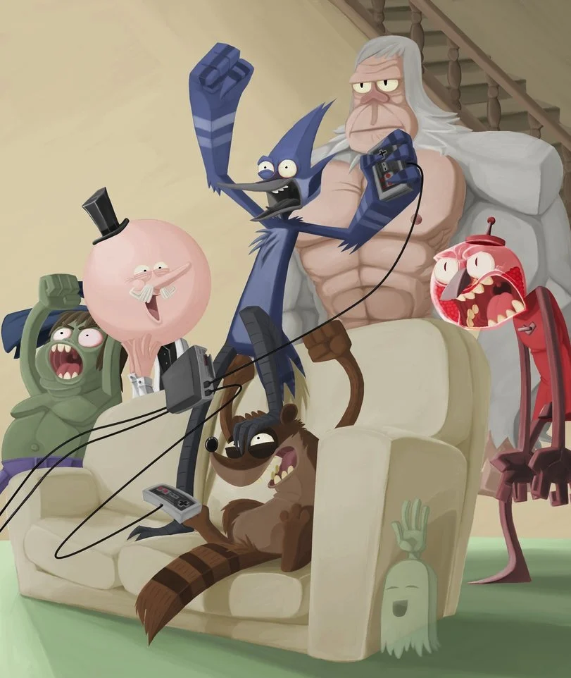 Fan art depicting the Regular Show cast in a video-gaming scene, illustrating the show's Park crew dynamic.