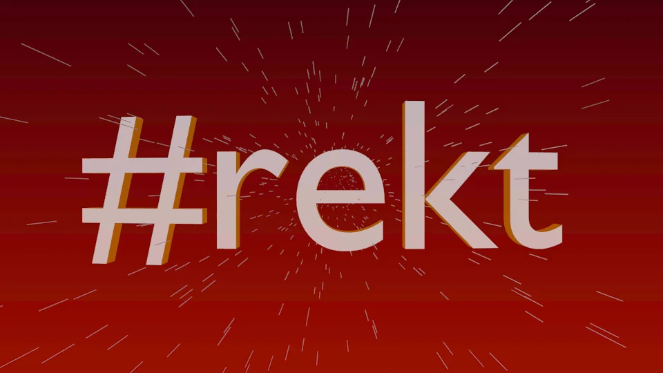 Animated #rekt text with explosion effect symbolizing defeat.