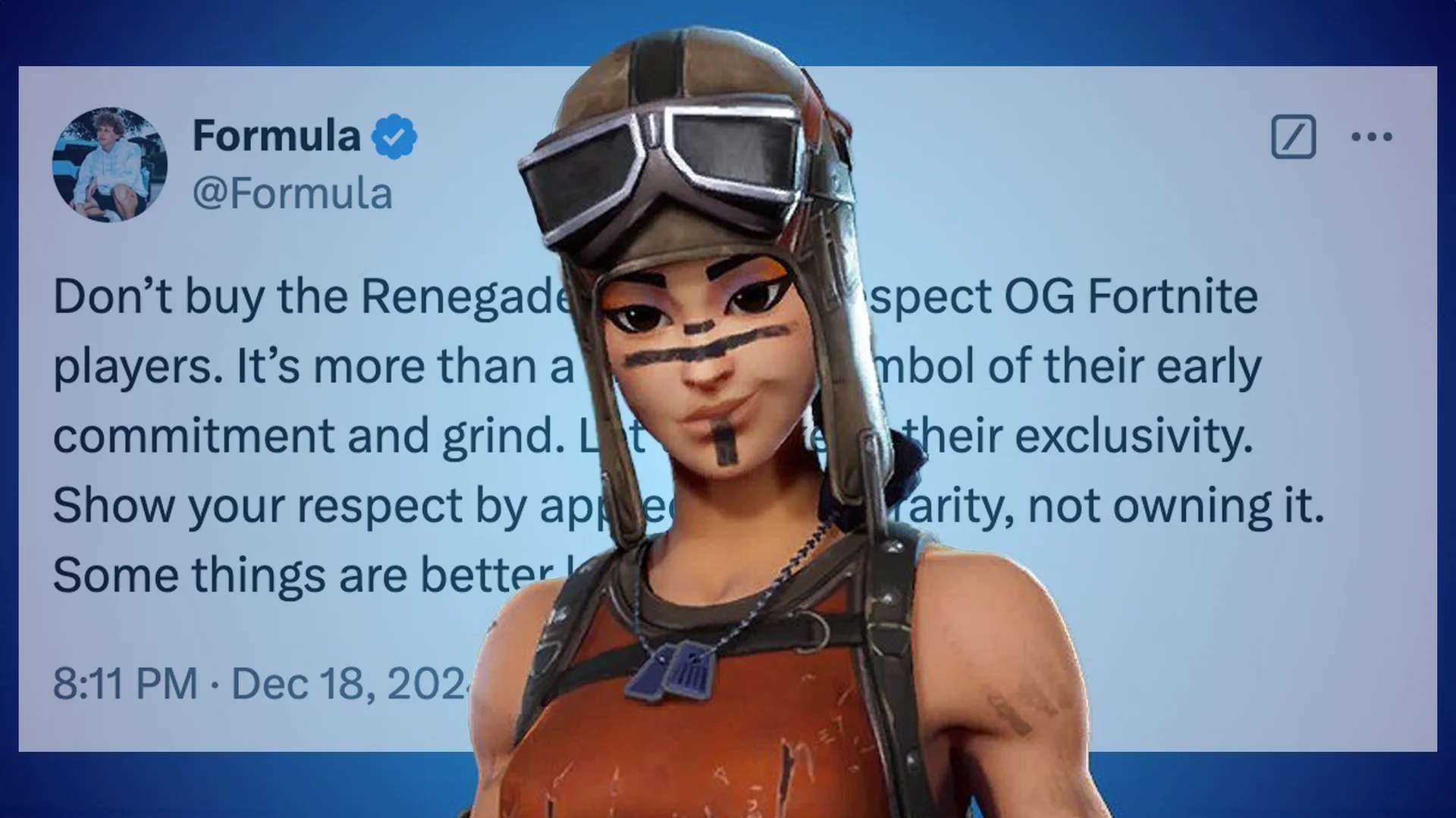 Cover image for the Renegade Raider copypasta, featuring the Fortnite skin overlaid on the original @Formula tweet from December 18, 2024.