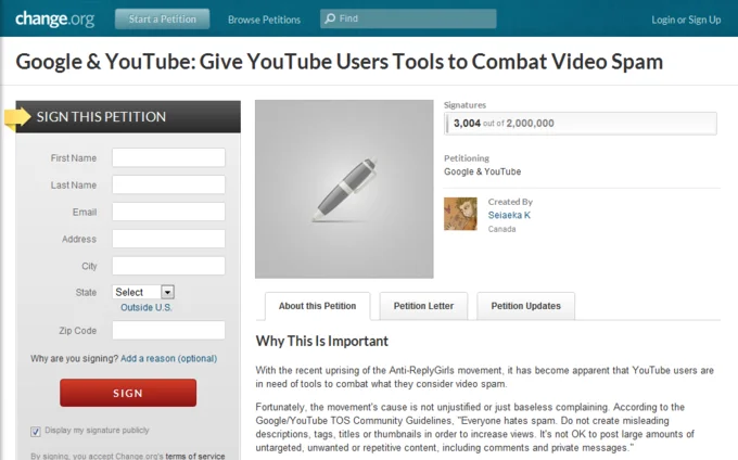 A Change.org petition organized during the Anti-ReplyGirls backlash, calling on Google and YouTube to give users tools to fight misleading thumbnails and video spam.