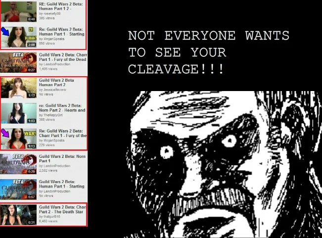 A reaction-image protest against Reply Girls, juxtaposing spammy cleavage-thumbnail Guild Wars 2 response videos with a rage-comic face voicing viewer frustration.