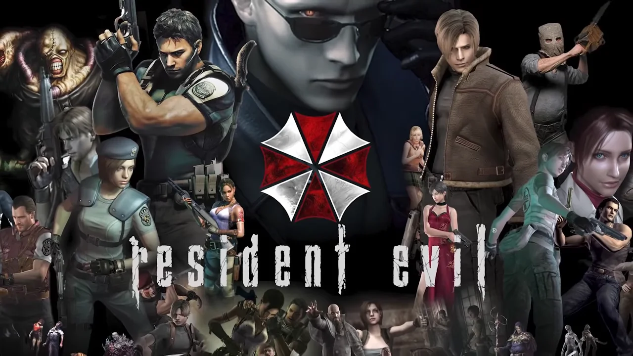 A promotional montage celebrating the Resident Evil / Biohazard survival horror series, showcasing its central protagonists, antagonists and the Umbrella Corporation emblem.