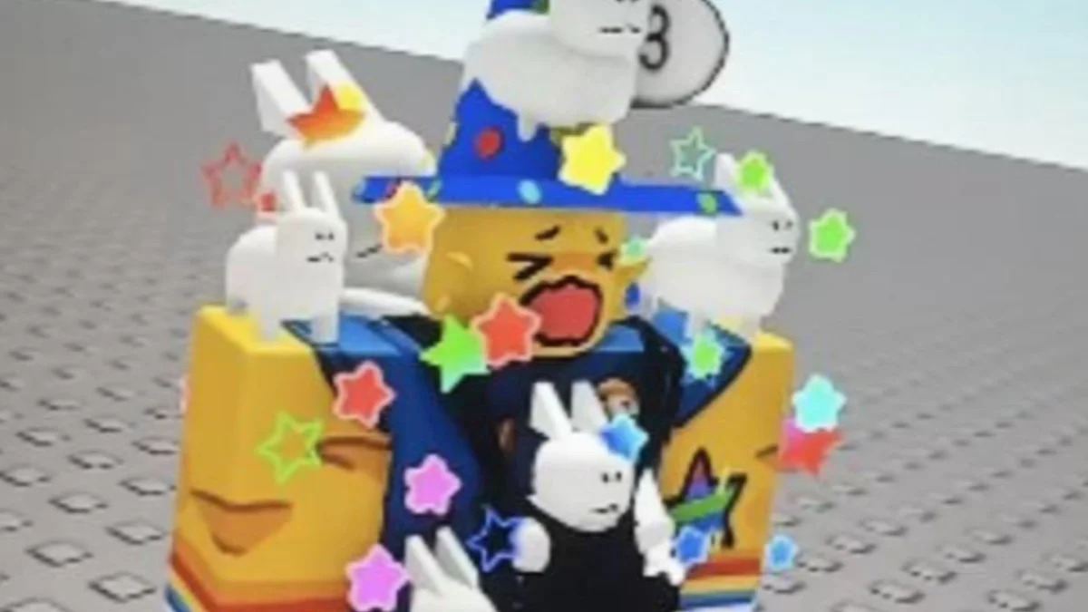 A typical 'retroslop' Roblox avatar, characterized by excessive accessories, a wizard hat, and Gubby bunny figures — a style widely mocked for misrepresenting classic Roblox aesthetics.