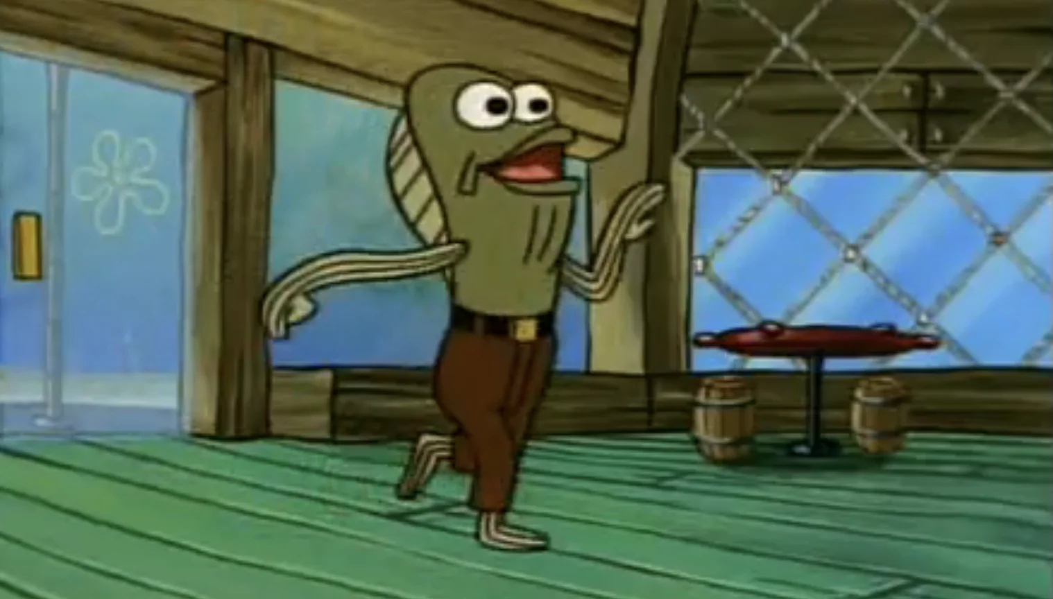 The original scene from SpongeBob SquarePants featuring the excited fish customer that became the basis for the 'Rev Up Those Fryers' meme template.