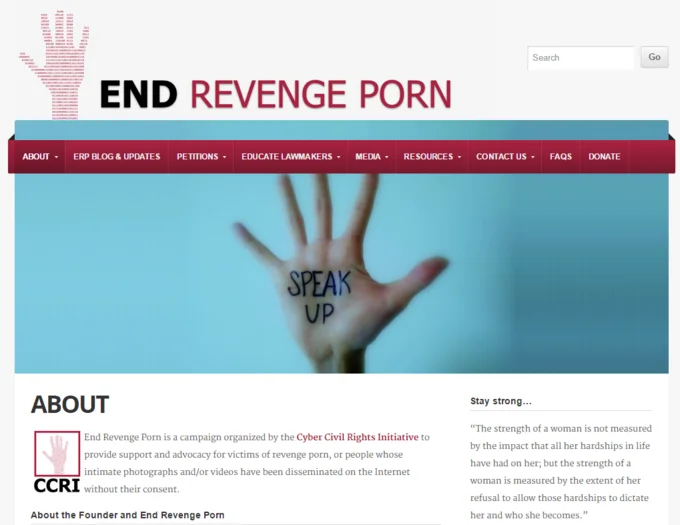 The homepage of End Revenge Porn, an advocacy campaign organized by the Cyber Civil Rights Initiative to support victims of non-consensual intimate image sharing.