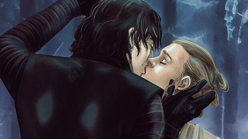 Reylo fan art depicting the Star Wars characters Kylo Ren and Rey sharing a kiss, exemplifying the popular fandom ship.