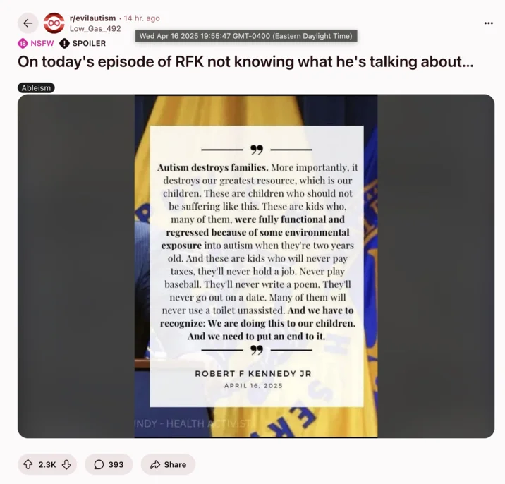 Reddit post compilation of RFK Jr's full controversial statement.