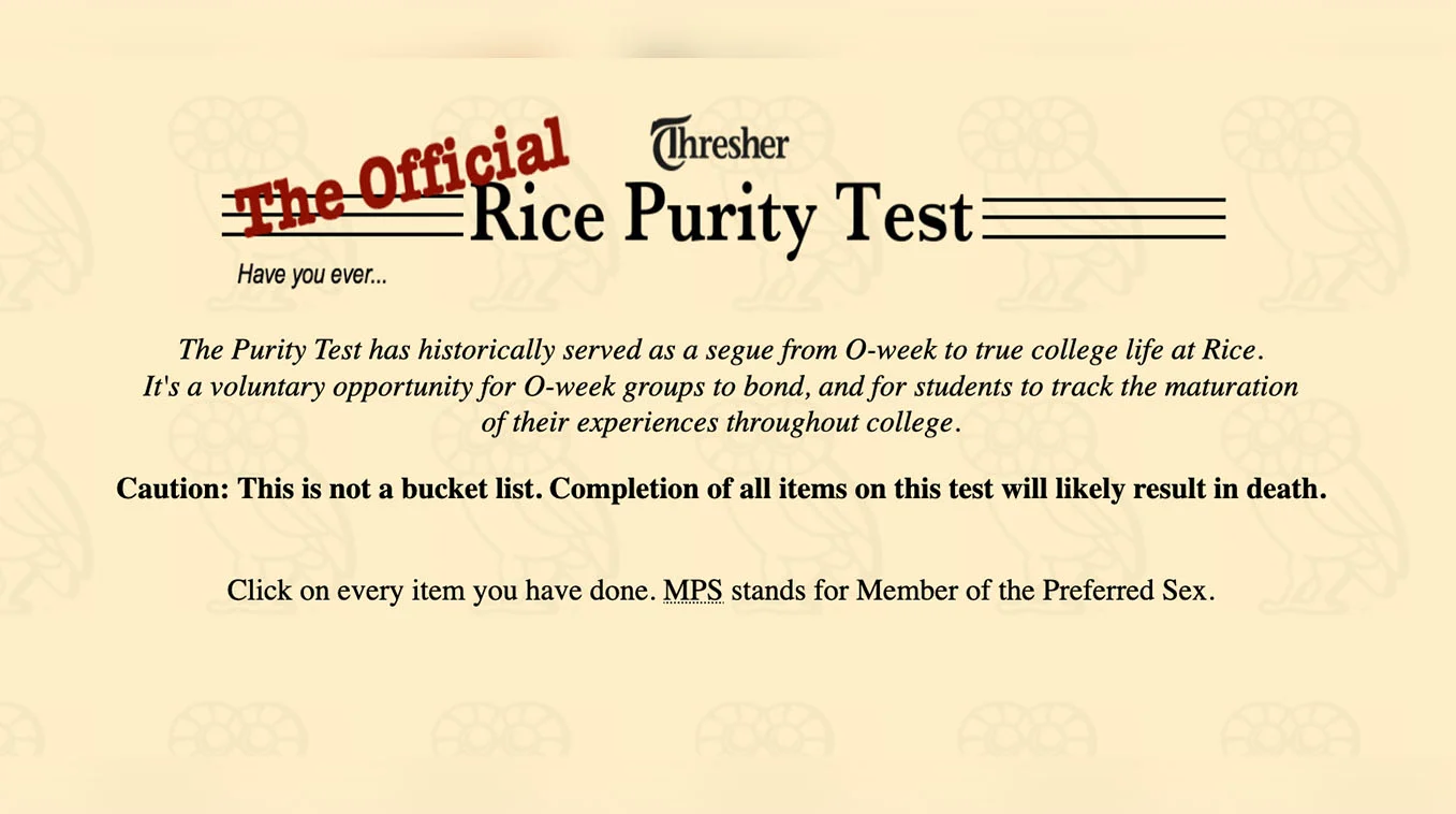 The header of the Official Rice Purity Test as published by The Rice Thresher, introducing the questionnaire that spawned the internet-wide meme.
