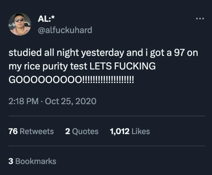 A viral tweet playing on the meme that a high Rice Purity Test score indicates innocence, treating the questionnaire as if it were an exam to prepare for.