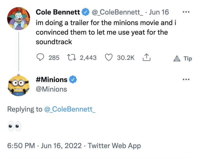Cole Bennett's June 16, 2022 tweet announcing the Yeat and Minions collaboration, which sparked the meme.