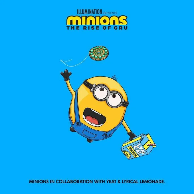 Illumination's official promotional art announcing the 'Rise of Gru' collaboration with Yeat and Lyrical Lemonade.