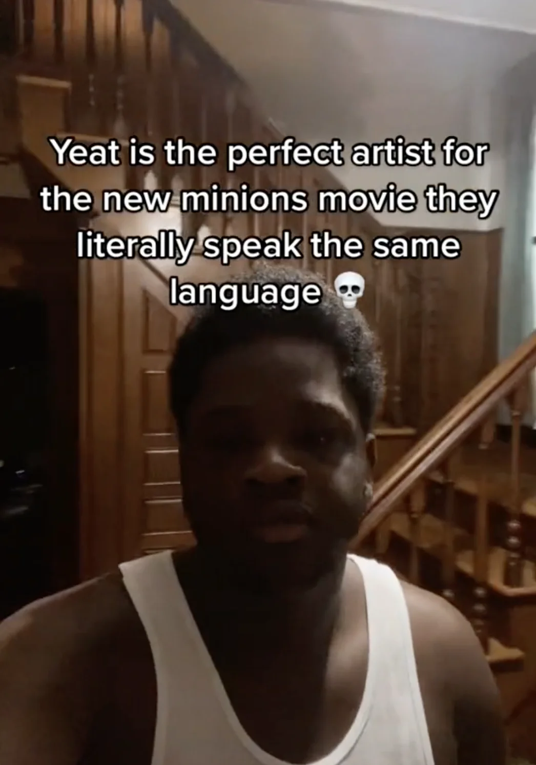 A TikTok reaction video joking that Yeat and the Minions share the same unintelligible vocal style.