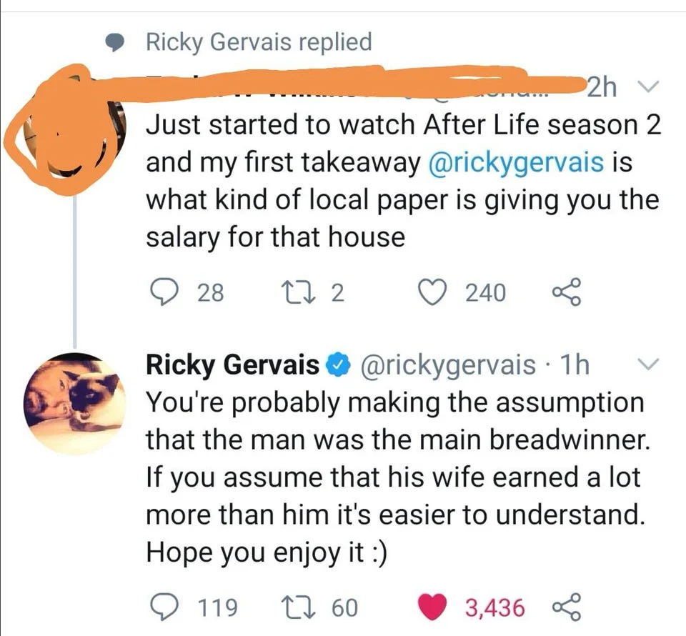 A Twitter reply in which Ricky Gervais deadpans back at a viewer questioning the setting of After Life season 2.