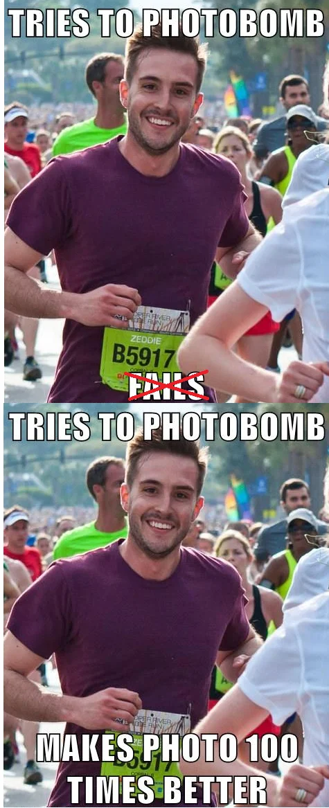 Two-panel photobomb meme using iconic photo twice.