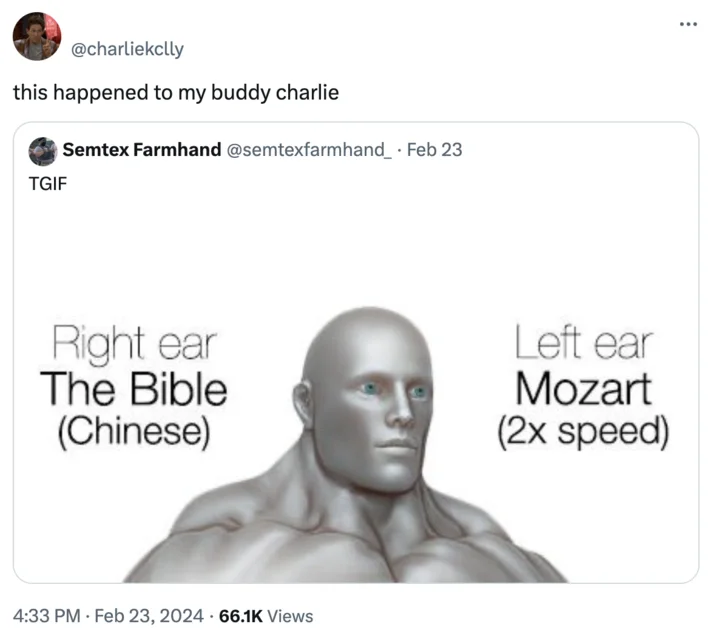A quote-tweet reply by @charliekclly joking 'this happened to my buddy charlie', part of the meme's viral spread on Twitter.