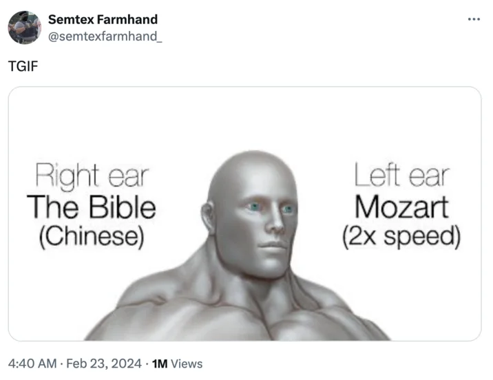 The viral February 2024 tweet by @semtexfarmhand_ that popularized the meme, gathering over one million views.
