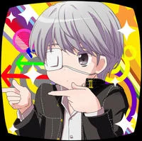 Gray-haired character with geometric background variation.