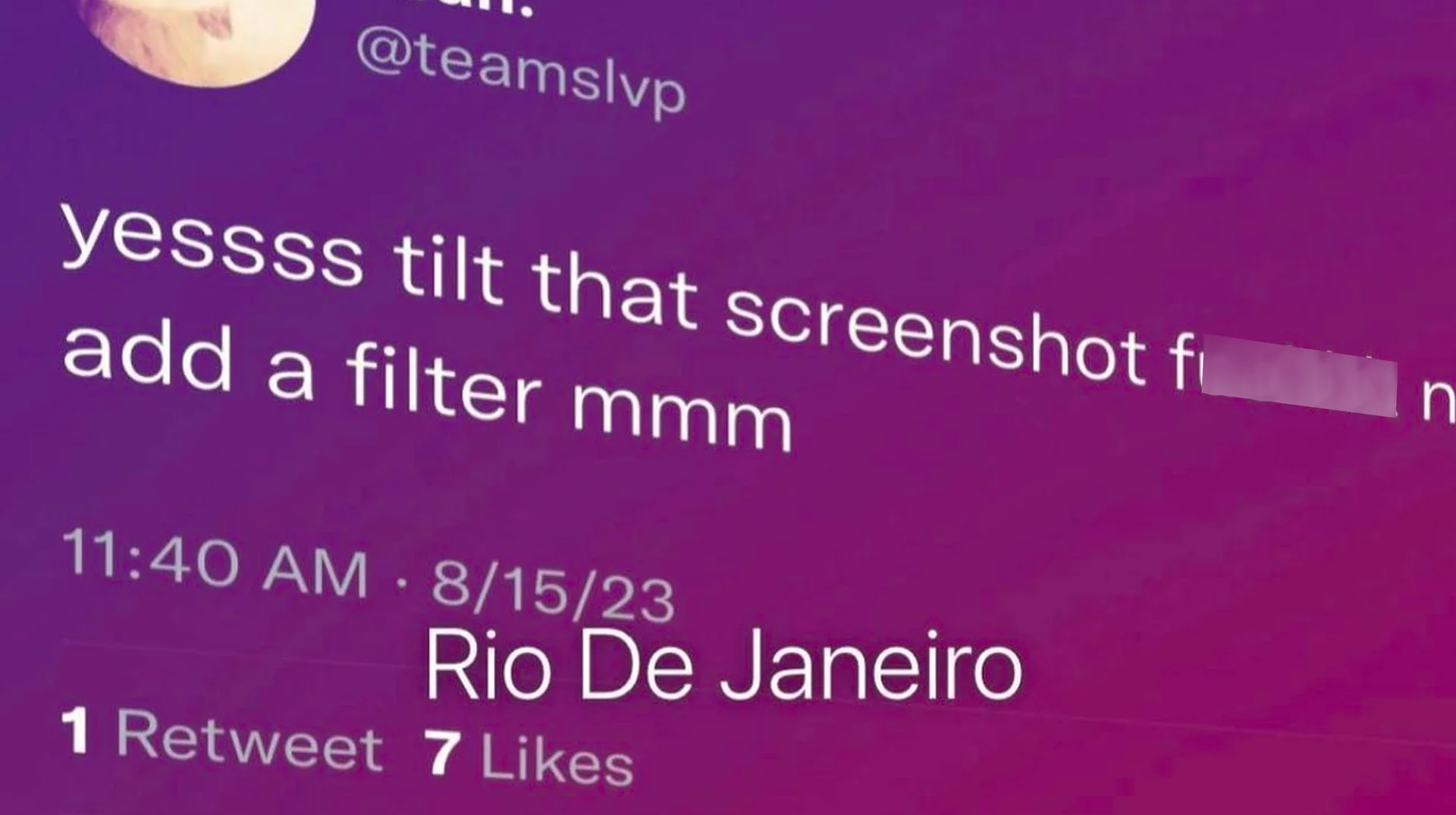 The original 2023 tweet by @teamslvp that gave the tilted, purple-filtered screenshot format its 'Rio De Janeiro' name.