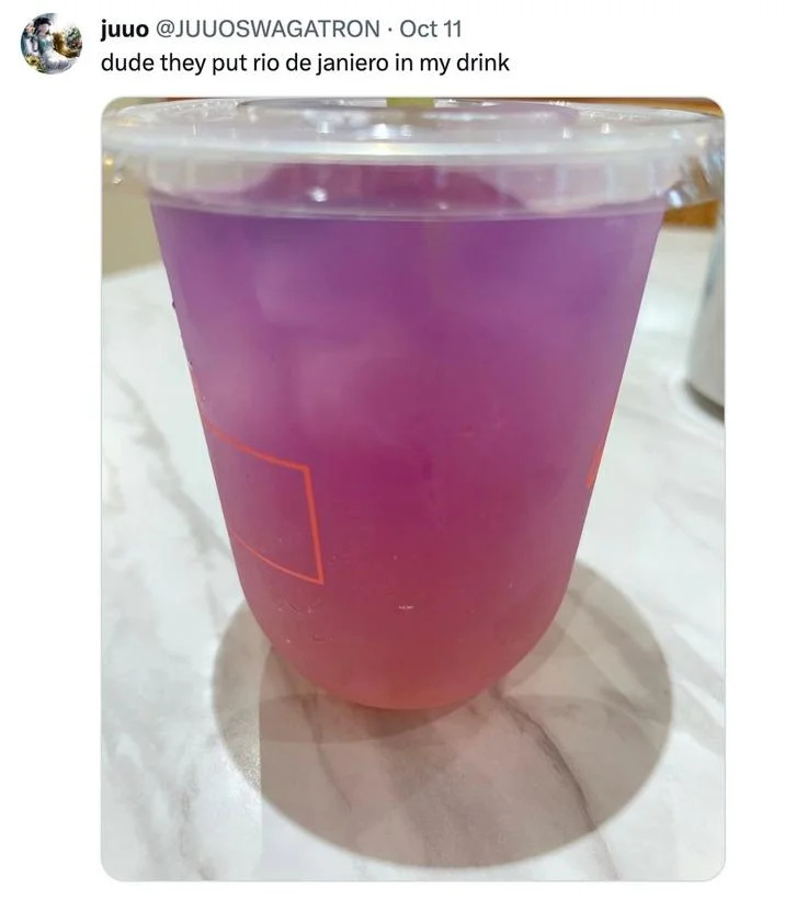 A viral tweet joking that a purple-pink gradient drink contained 'rio de janeiro,' extending the meme into real-world objects.