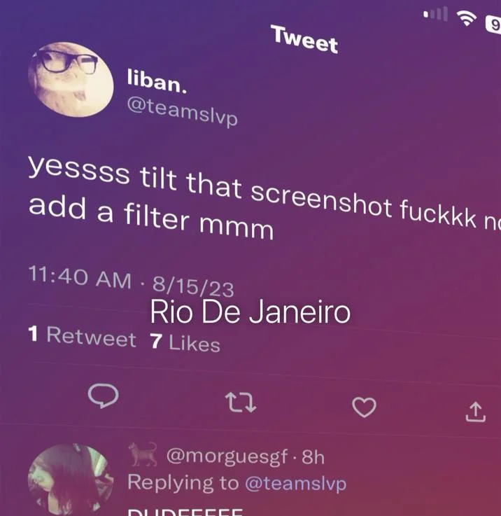 The full tilted screenshot of the origin tweet that coined the Rio De Janeiro filter aesthetic in August 2023.