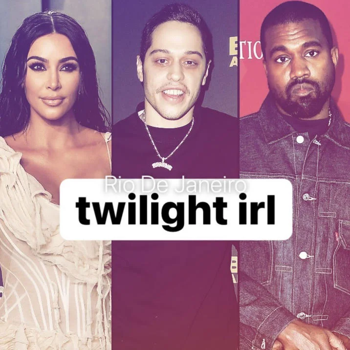 A celebrity love-triangle collage remixed as a 'twilight irl' Rio De Janeiro filter meme.