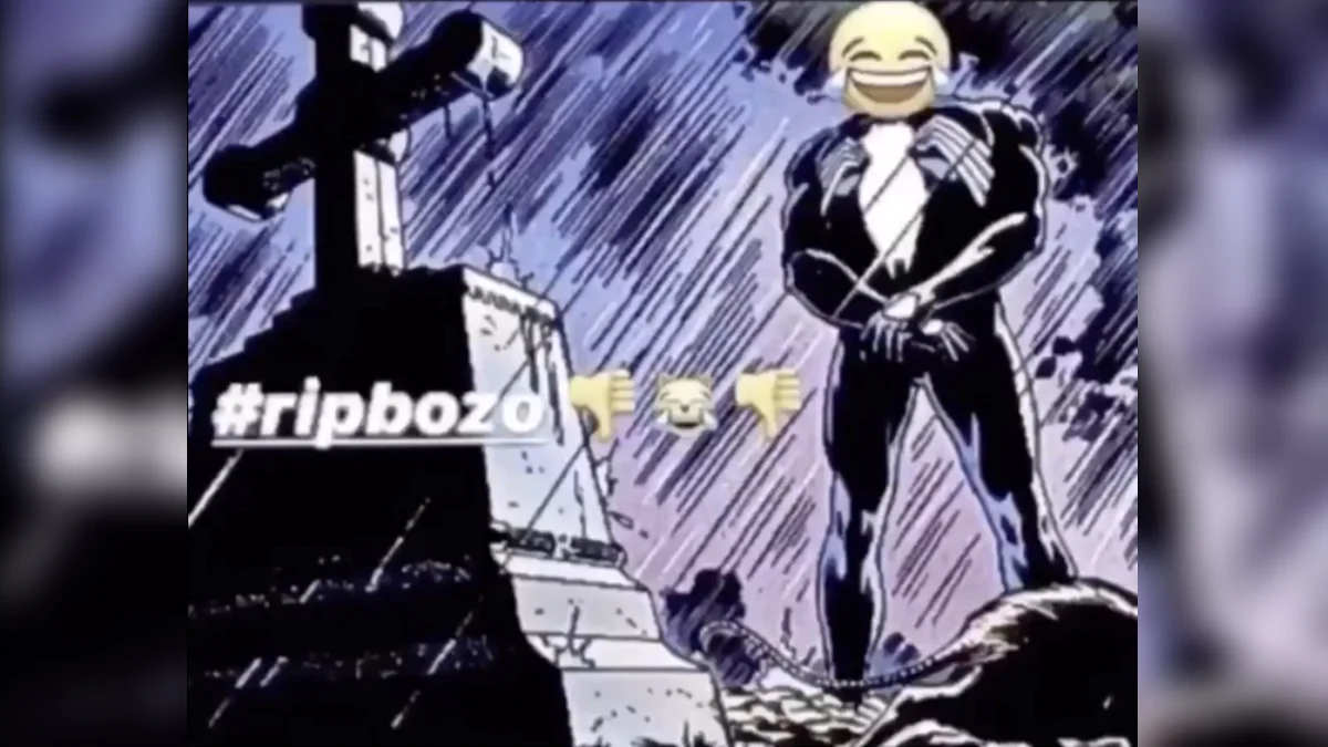 The '#ripbozo' cover image featuring a comic-style figure at a grave, mocking the deceased with laughing and thumbs-down emojis — the visual shorthand for the meme.