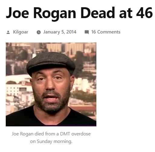 The original 2014 satirical article from The Internet Chronicle that sparked the recurring 'RIP Joe Rogan' death hoax.