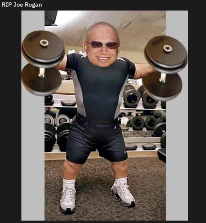 A photoshopped tribute image circulated as part of the ongoing 'RIP Joe Rogan' meme, placing Rogan's face on Mini-Me's body.