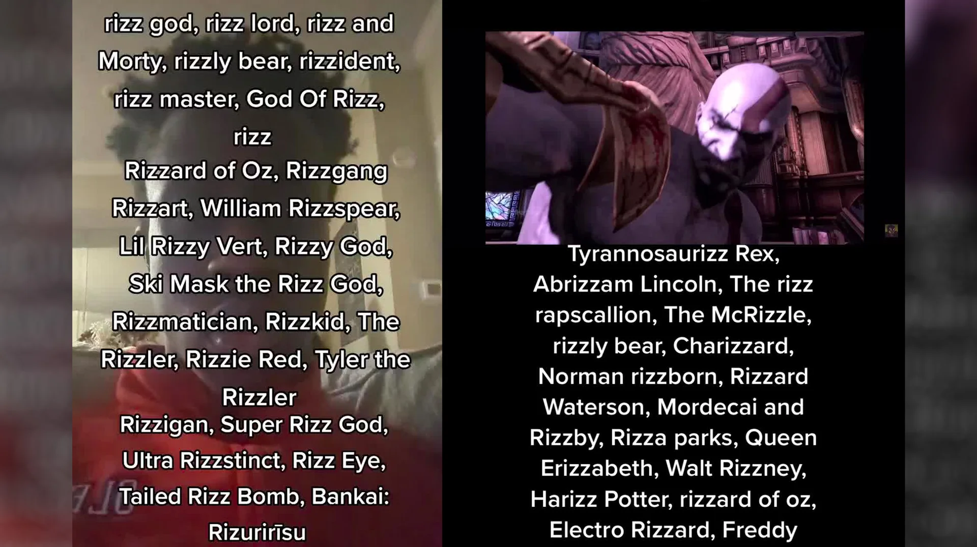 A compilation image showcasing the wide variety of 'rizz' nicknames that spawned from the 'Rizz God' meme trend on TikTok.